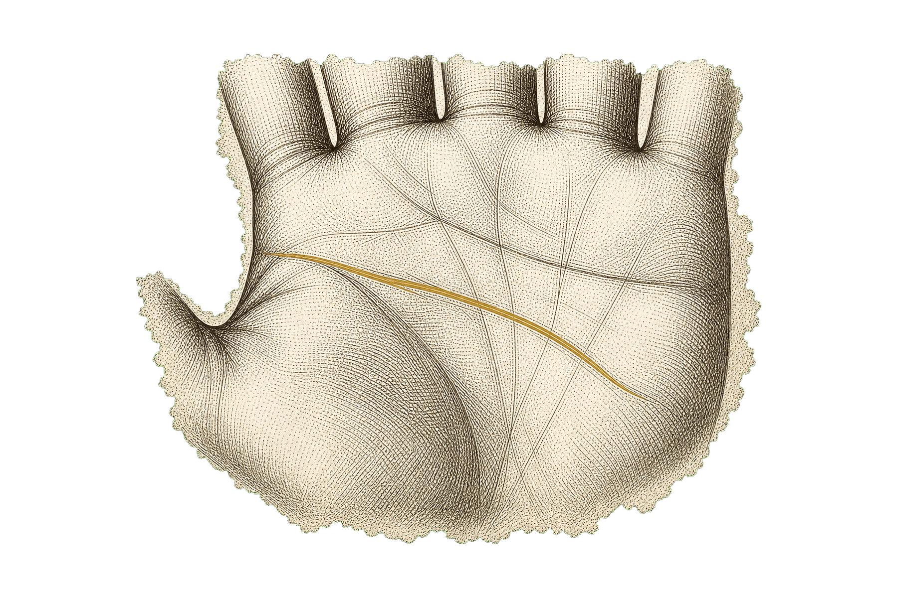 Engraved palm detail highlighting the head line