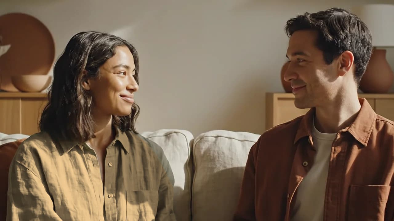 Two people sharing a smile in a sunlit living room