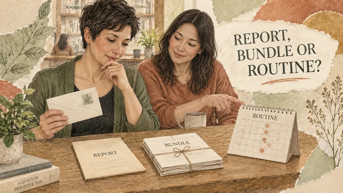 Two fictional adults at a library table consider a report, a tied bundle of papers and a calendar labelled ROUTINE.