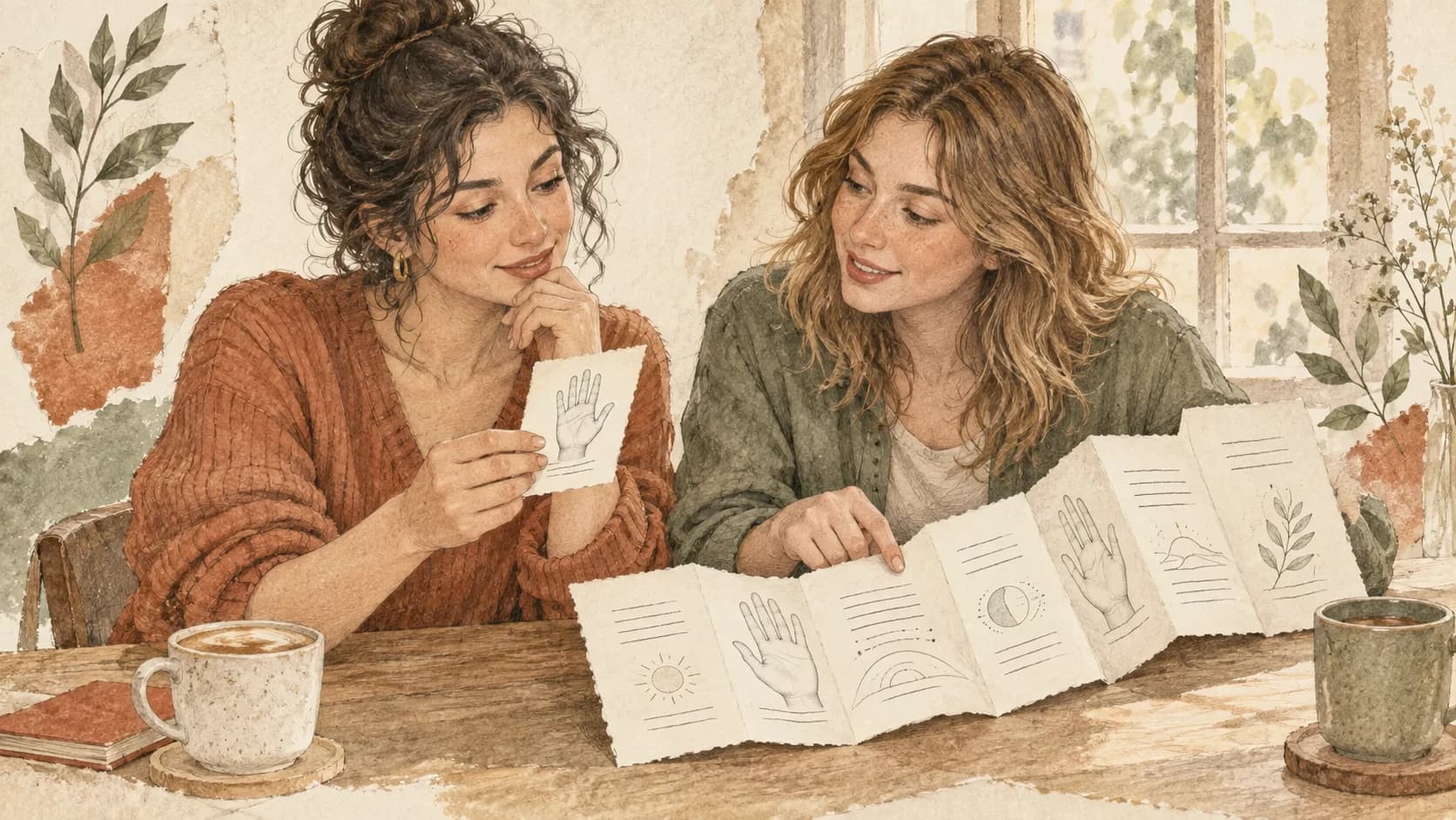 Two adults compare a short preview card with a folded report at a cafe table before choosing their next question.