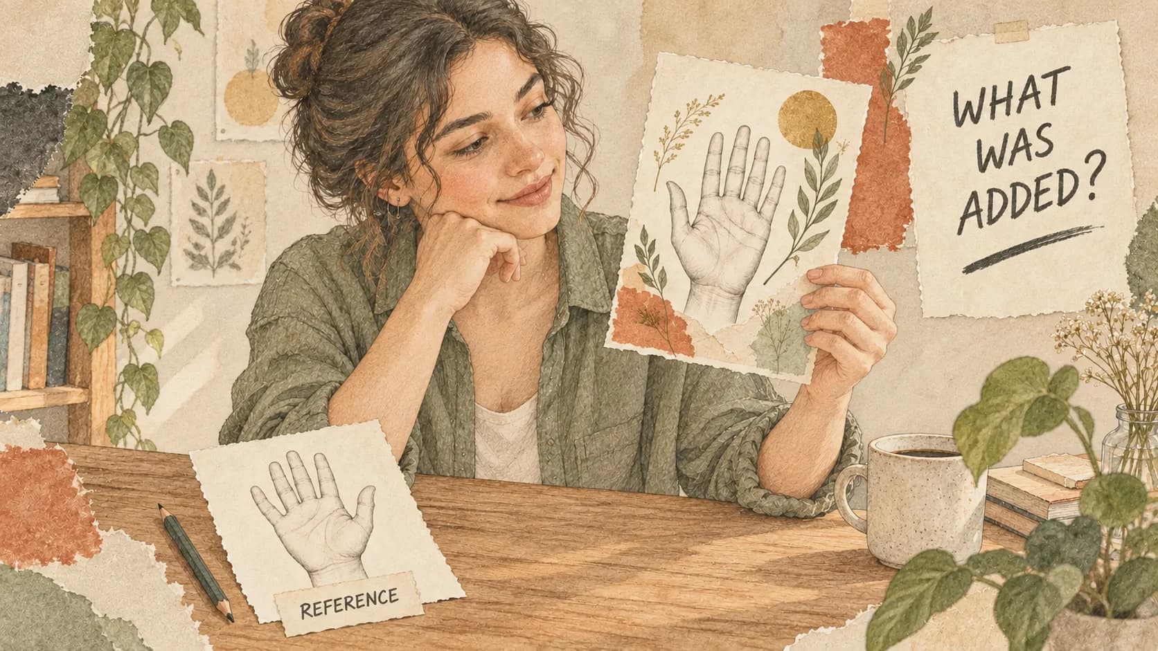 An adult at a desk lifts a decorative palm illustration beside a separately labelled original-image reference.