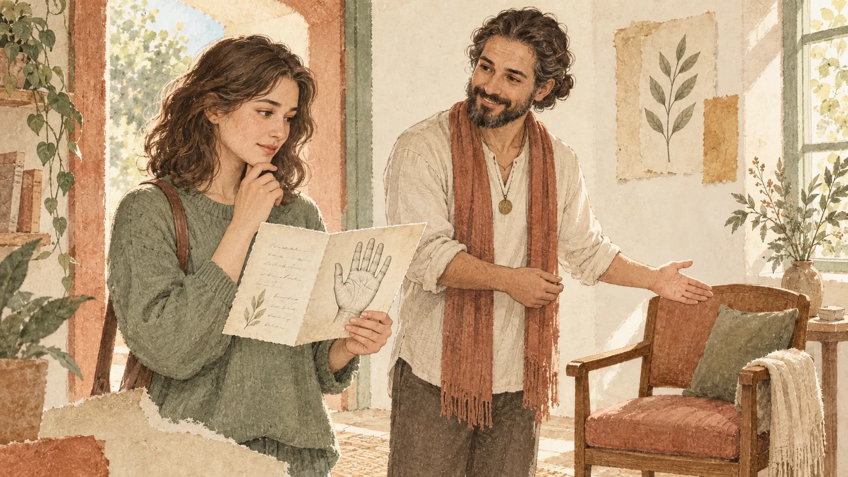 An adult holding a paper palm report pauses at a reading-room doorway as a reader offers a chair for conversation.