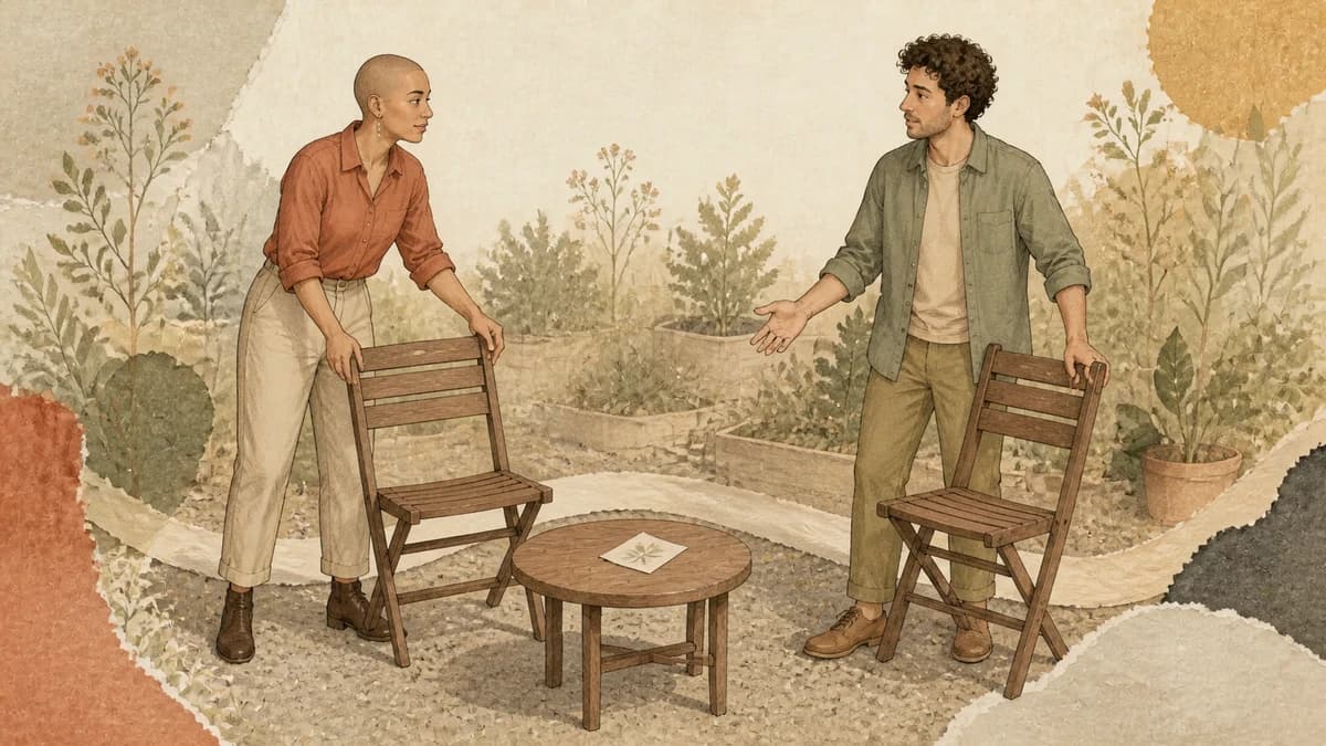 Two friends adjust their chairs while talking across a table.