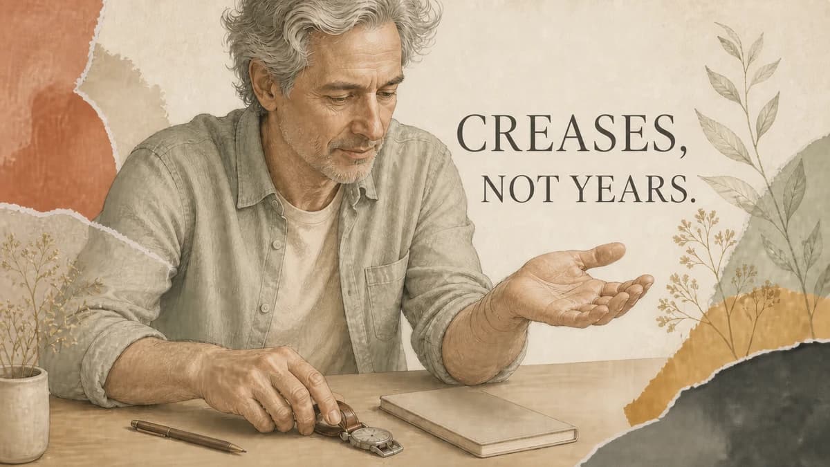 A man moves a wristwatch aside to observe his wrist. CREASES, NOT YEARS.