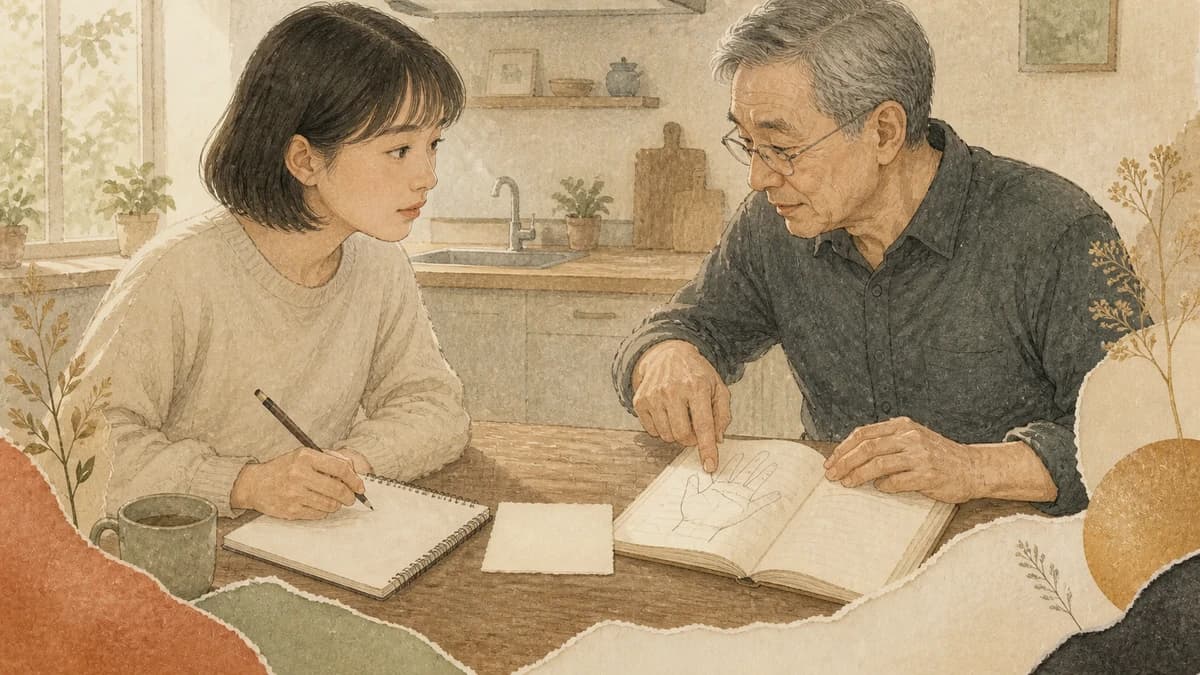 A younger adult listens to an older relative beside a handwritten notebook and palm study.