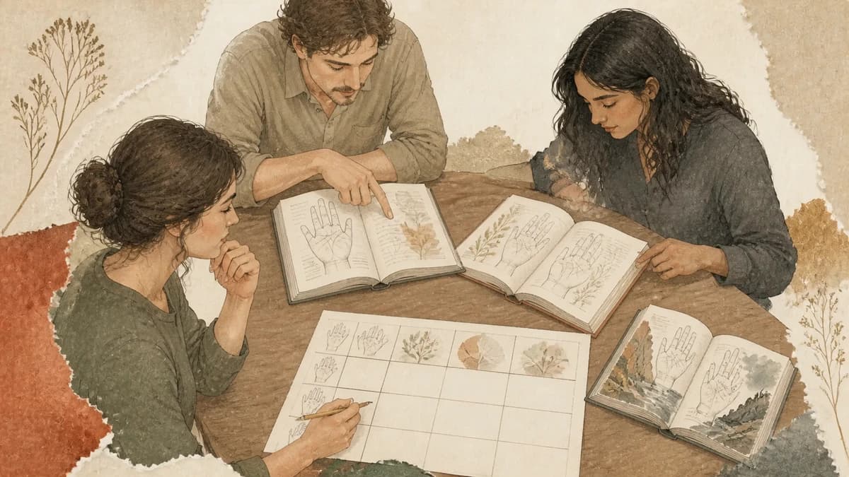 Three adults compare books and palm studies around an unfinished paper chart.