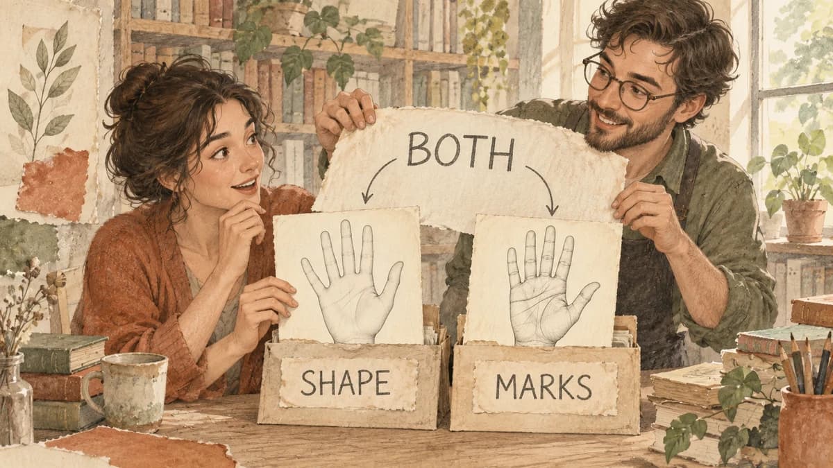 Two fictional adults in a bookshop sort illustrated hand cards into boxes labelled SHAPE and MARKS. One lifts a larger BOTH sheet above the two groups.