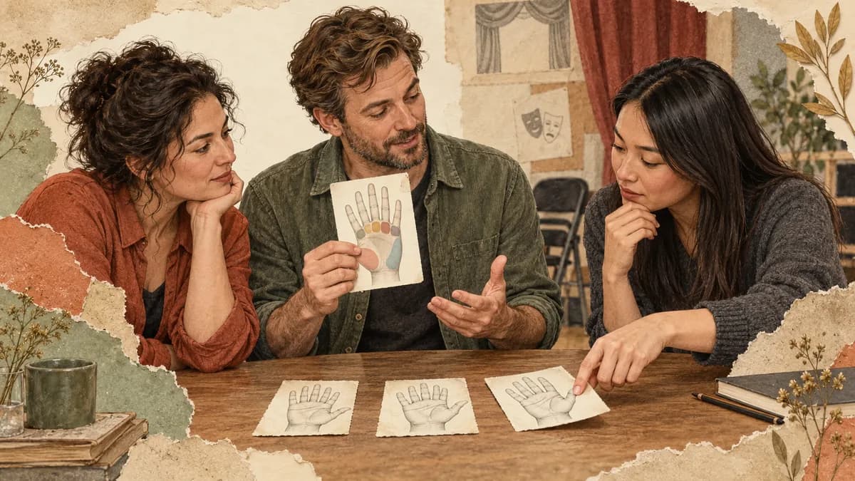 Adults compare a palm-study card and movable paper slips in a small theatre rehearsal room.