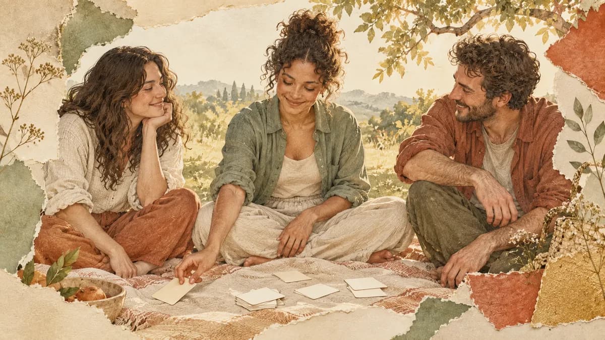 Friends on a picnic blanket choose between blank question cards and set one aside.