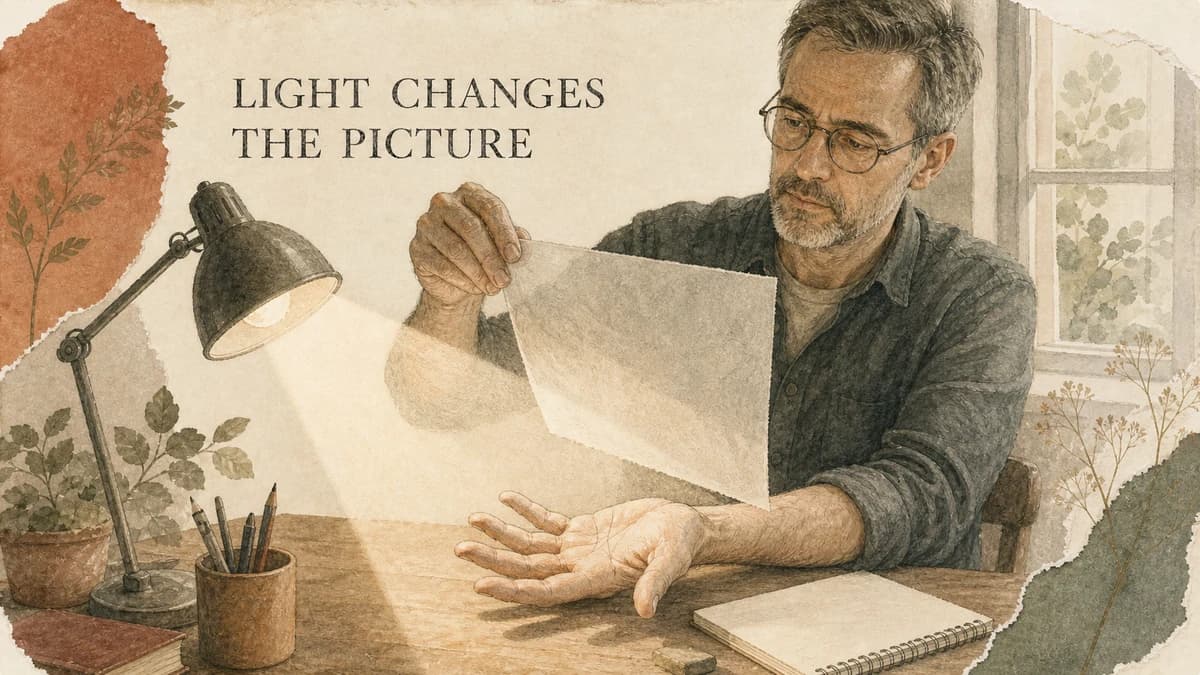 An adult adjusts a paper diffuser while examining a palm under a lamp. LIGHT CHANGES THE PICTURE.