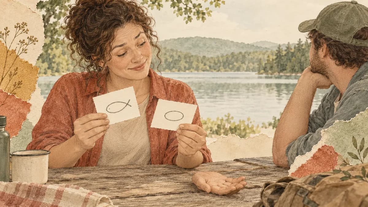 An adult compares two small loop drawings at a lakeside table while a friend looks towards the water.