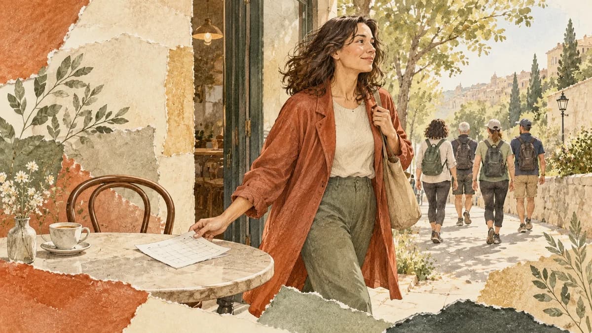 A woman puts down an unconfirmed calendar page and leaves an empty café chair to join a walk outside.