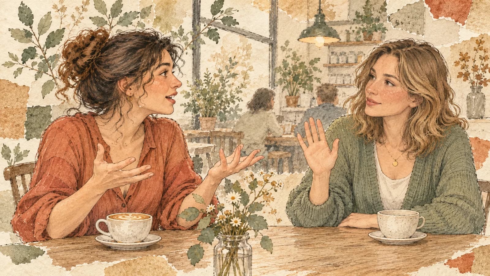 At a café, one friend gently signals a wish to speak while the other pauses to listen.