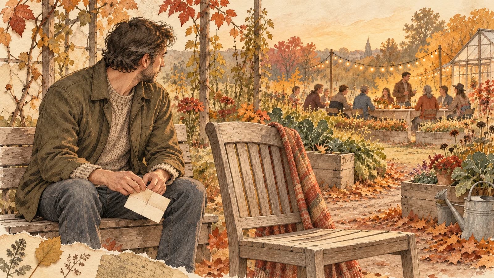 An adult sits beside an empty chair in an autumn garden, holding a lowered letter.