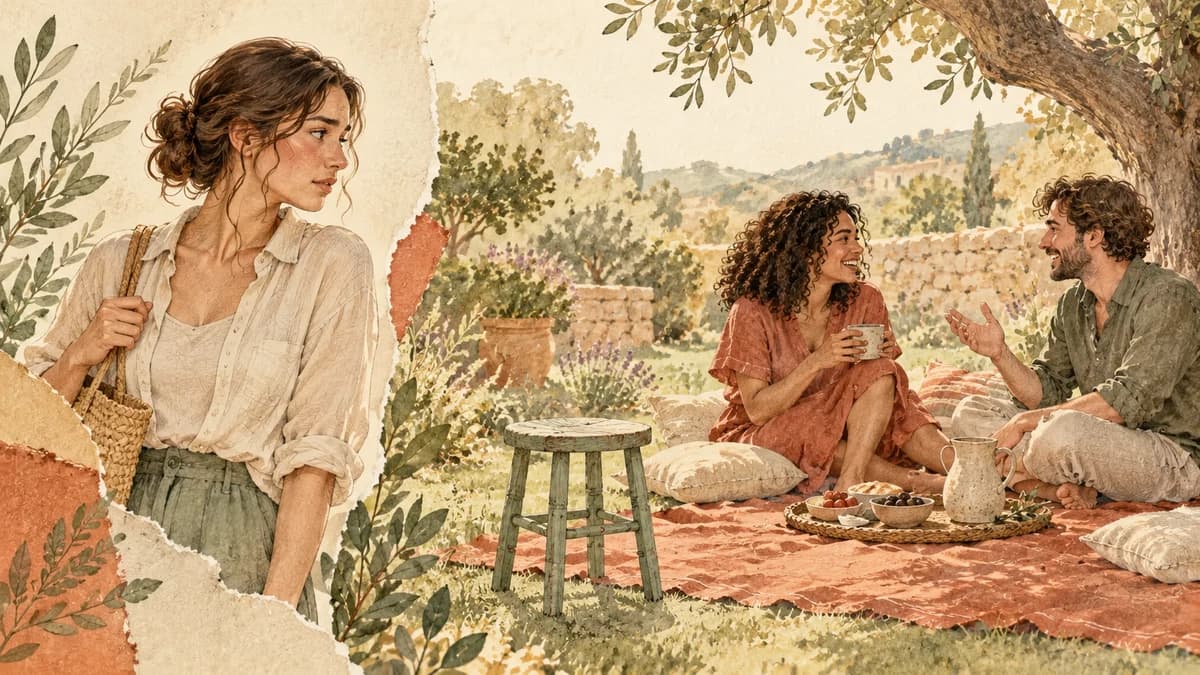 An adult pauses beside a picnic while two friends talk, noticing an open seat without knowing whether to join.