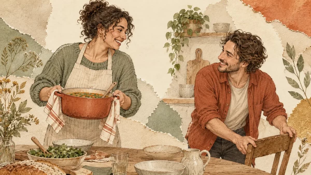 One friend brings soup while another makes space and pulls out a chair.