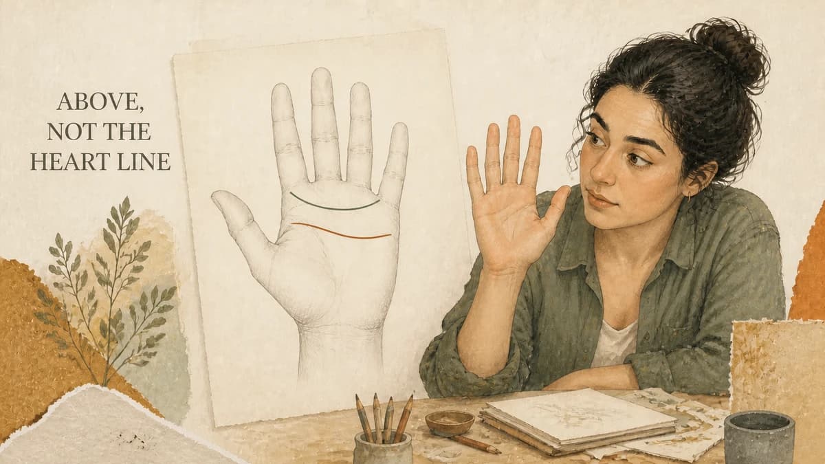 An adult compares a palm with a sketch showing a higher sage arc above a lower terracotta heart line. ABOVE, NOT THE HEART LINE.