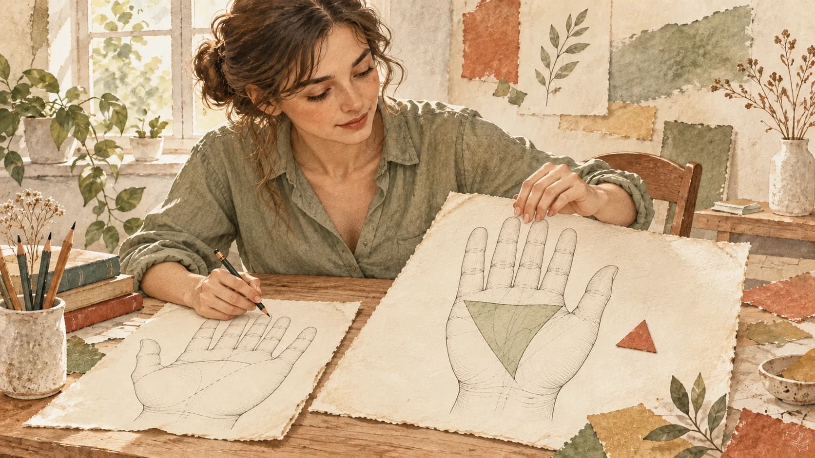 A fictional adult in a paper studio draws one palm map while holding another with a broad three-sided region beside a small triangle token.