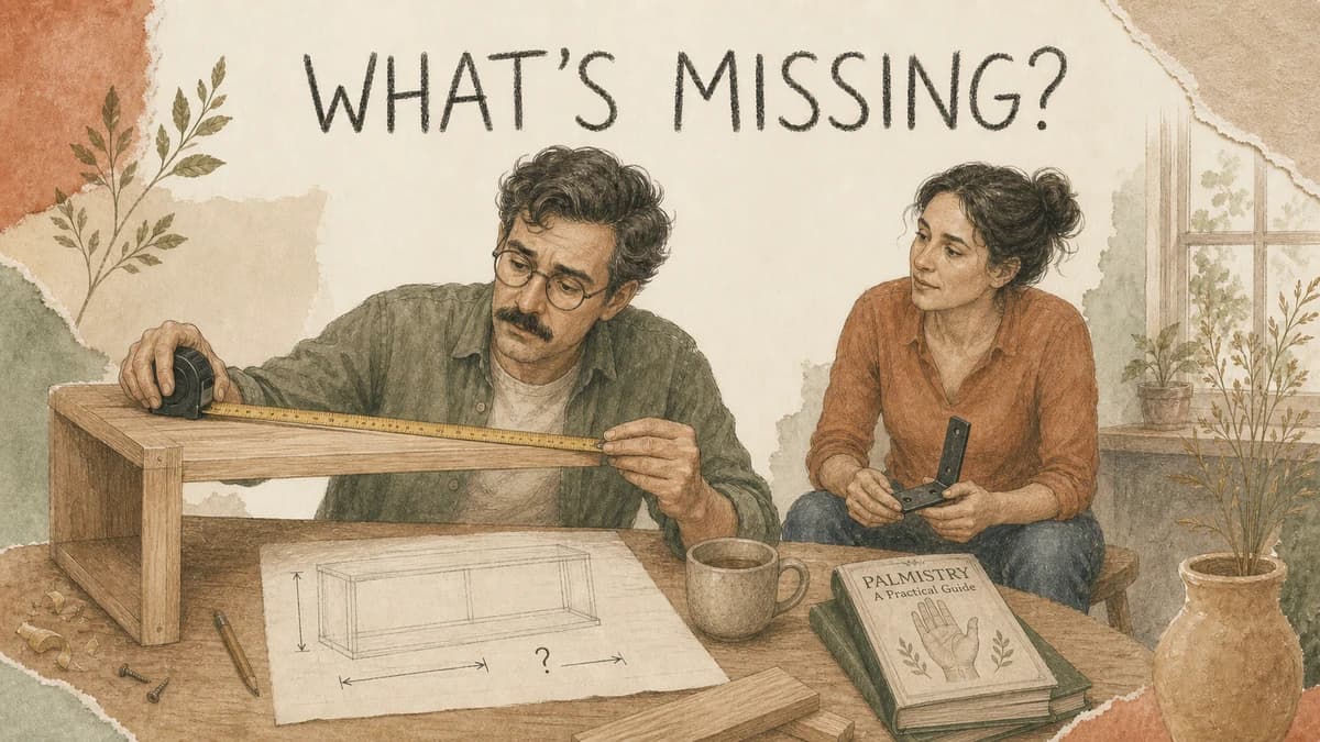Two adults check an unfinished shelf and loose parts. WHAT'S MISSING?