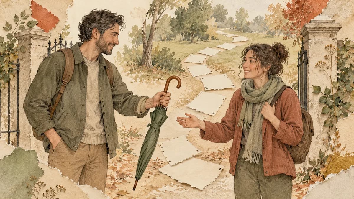 Two adults meet for a walk beside an unfinished path of paper calendar squares.