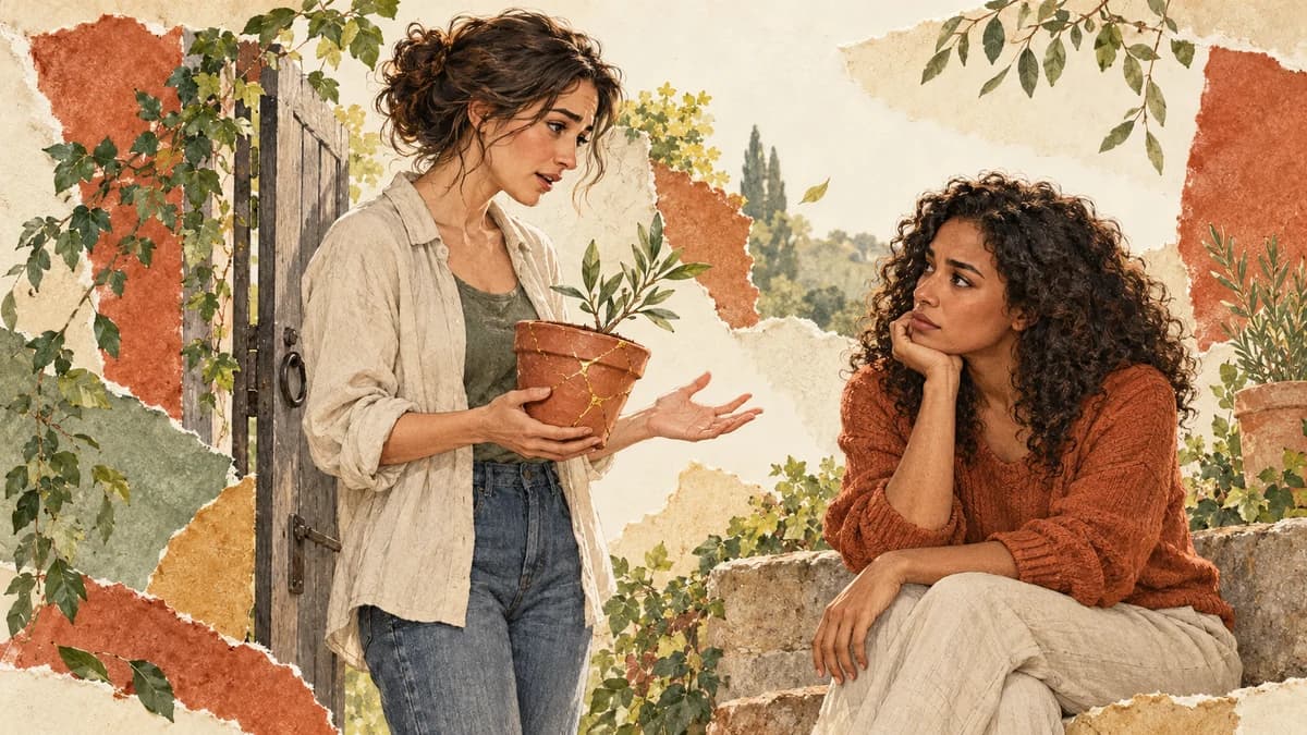A woman offers a repaired terracotta pot at a garden gate while her friend listens from a low wall.