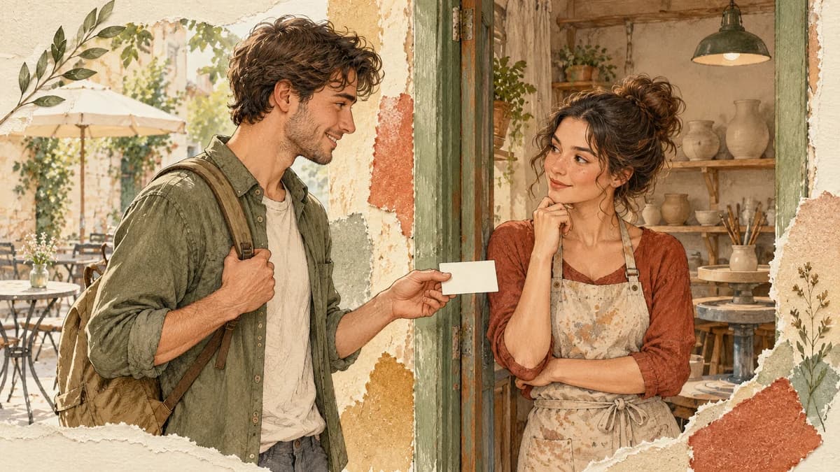 An adult offers a small invitation card to a classmate beside an open studio door, with a café table visible outside.