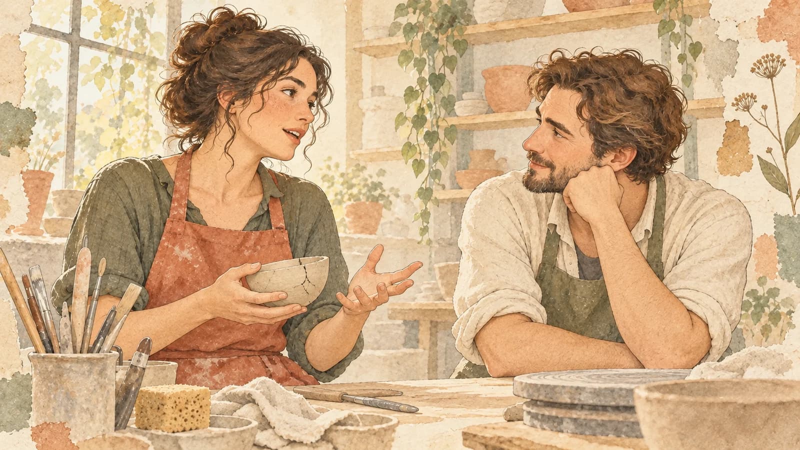 In a pottery studio, a woman holding a cracked bowl speaks while her friend turns his attention toward her.