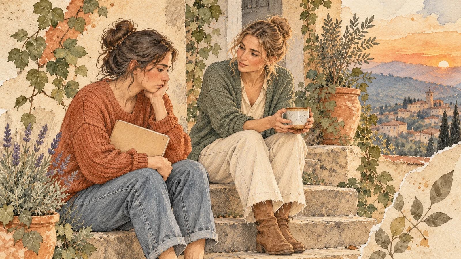 A friend sits beside an upset adult on outdoor steps and offers a cup, leaving room between them.