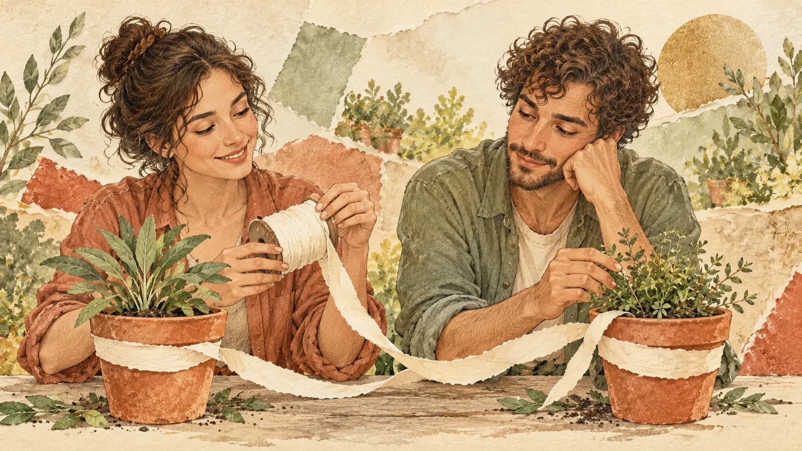 Two adult friends tend separate garden pots connected by a loose paper ribbon.