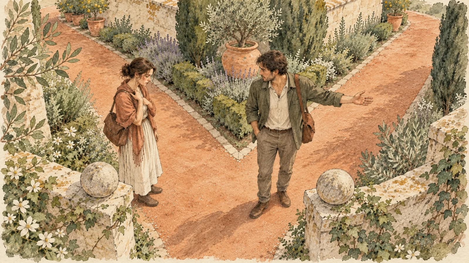 Two adults pause at a fork in a garden path before heading in separate directions.