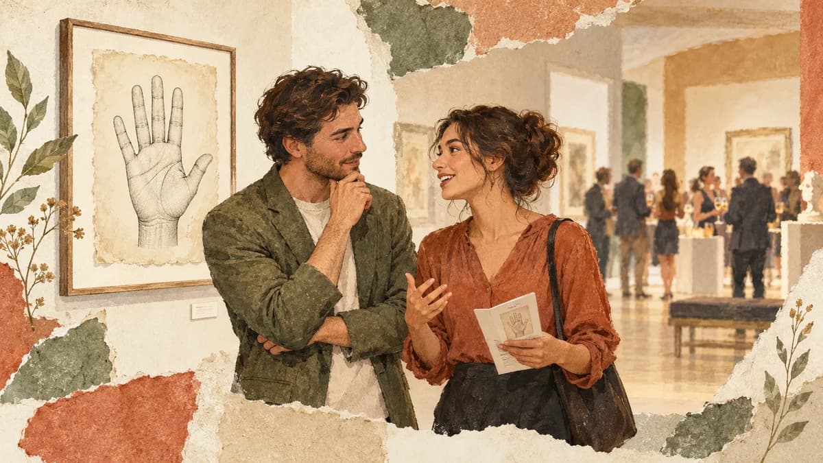 Two adults talk quietly beside a museum drawing while a lively reception remains in the distant background.