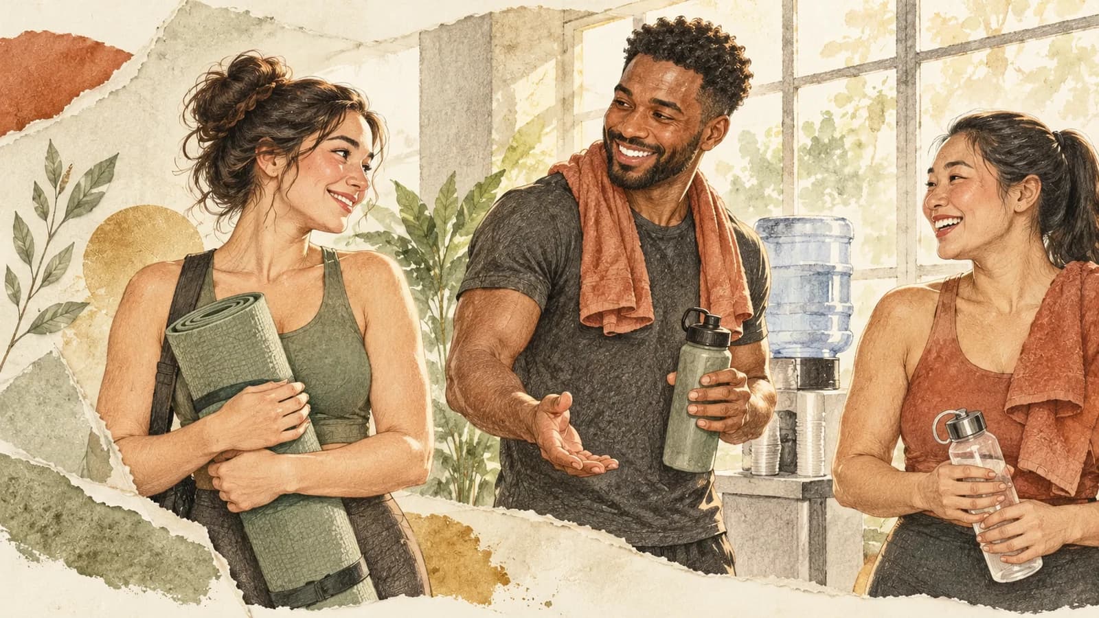 Three adults with workout mats and water bottles talk beside a gym water station after a session.