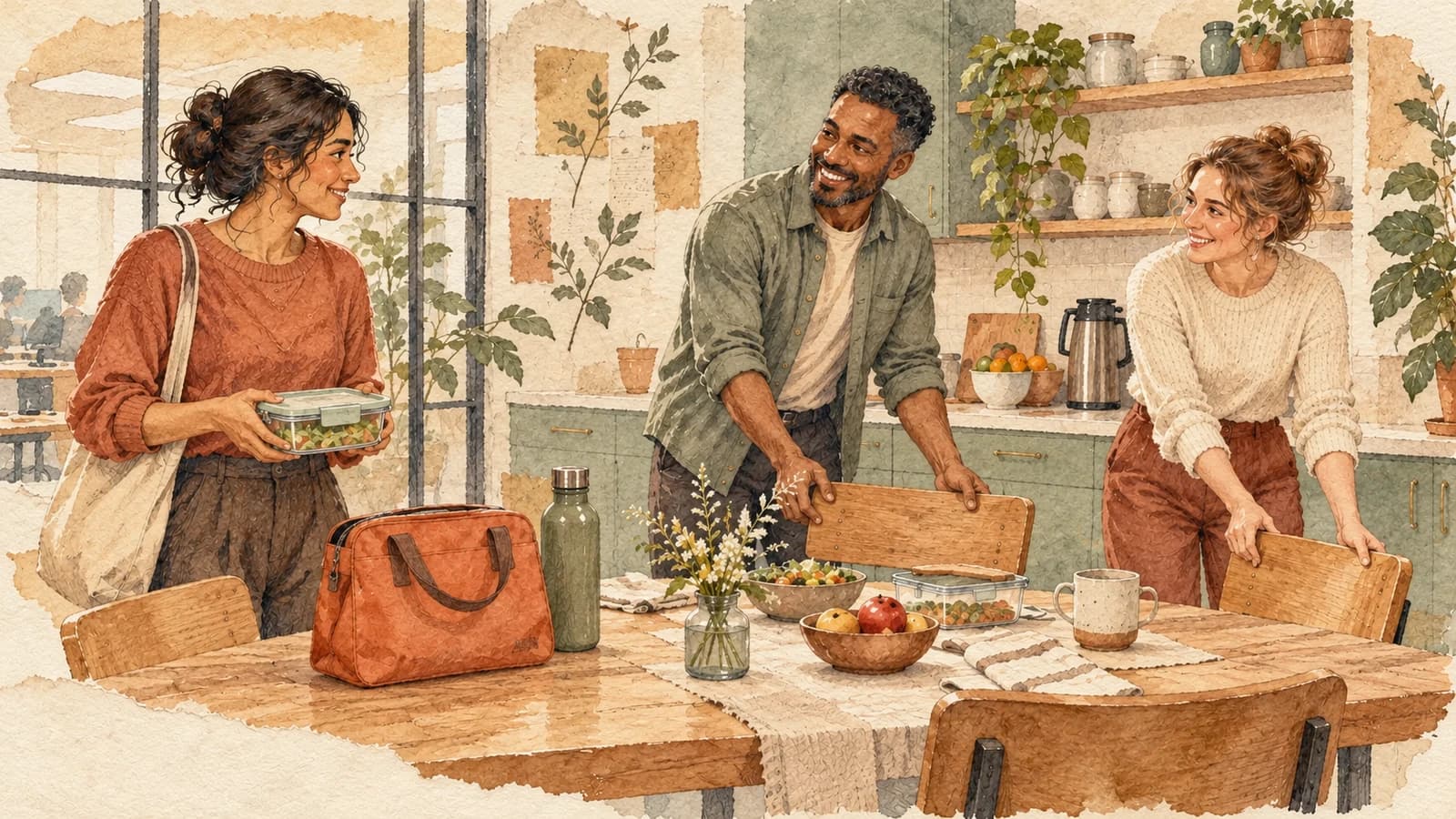 A newcomer with a lunch container pauses as colleagues make space at a shared workplace table.