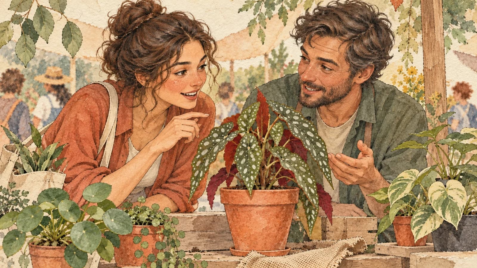 Two adults begin a conversation beside an unusual plant at a community plant swap.