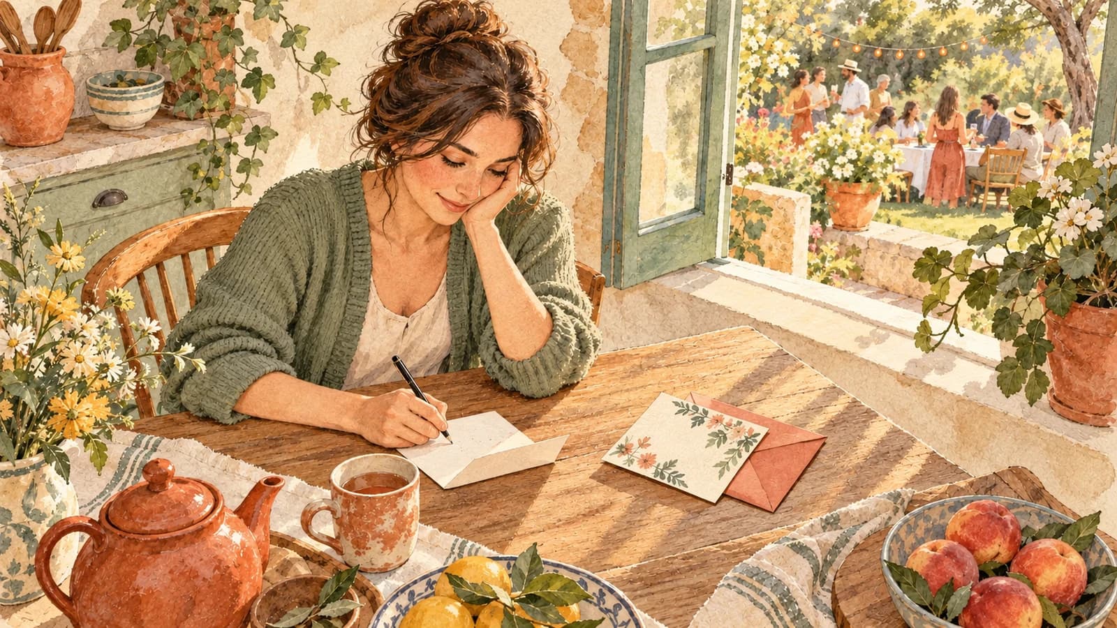 An adult writes a reply beside a party invitation at a quiet kitchen table.
