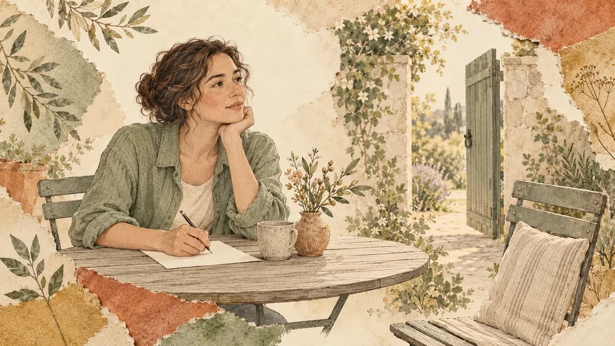 An adult writes a short note while an empty garden chair leaves space for an uncertain reply.