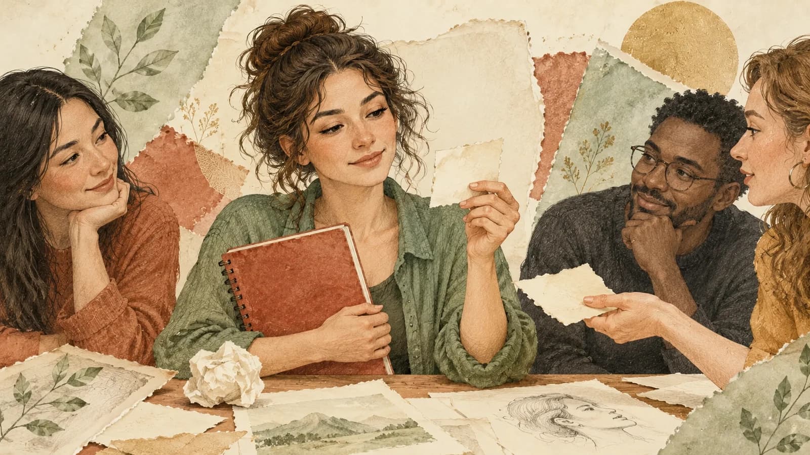 An adult holding a sketchbook considers a paper comment during a group art critique, with a crumpled note on the table.