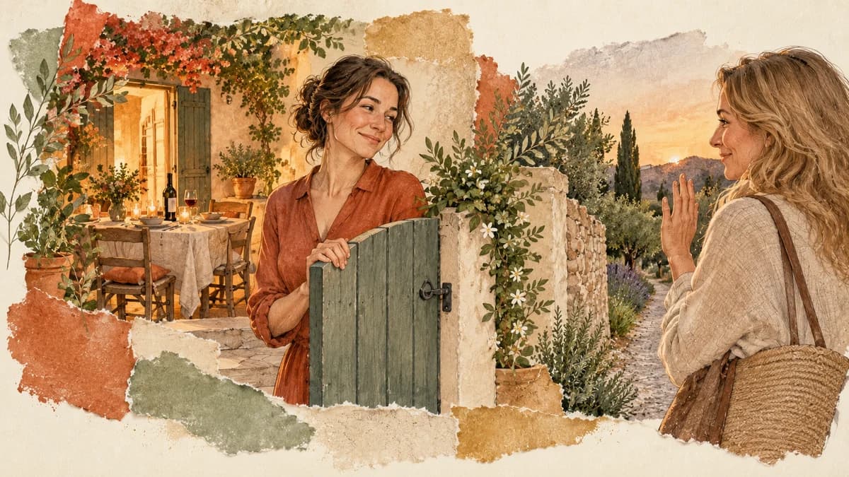 A woman closes her garden gate for the evening while warmly arranging another meeting with a friend on the path.