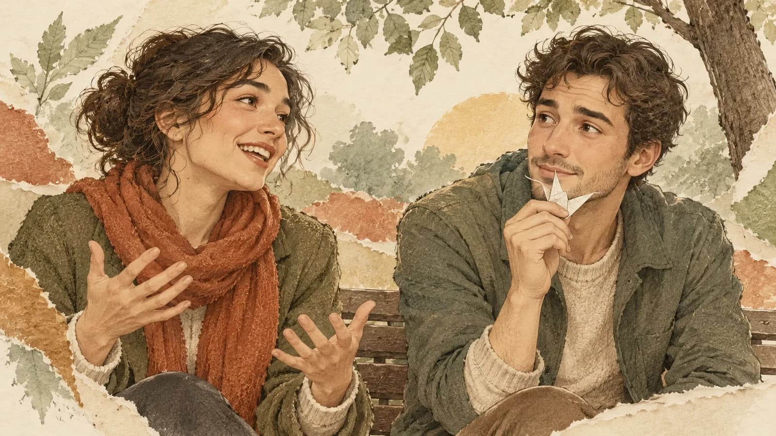 Two adults on a park bench share a conversation as one holds a folded paper thought.