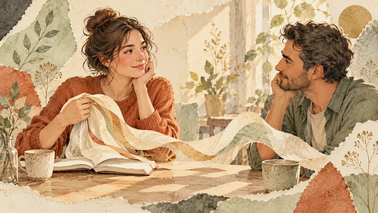 Two adults at a cafe table share a conversation while a long paper ribbon rests across an open notebook.