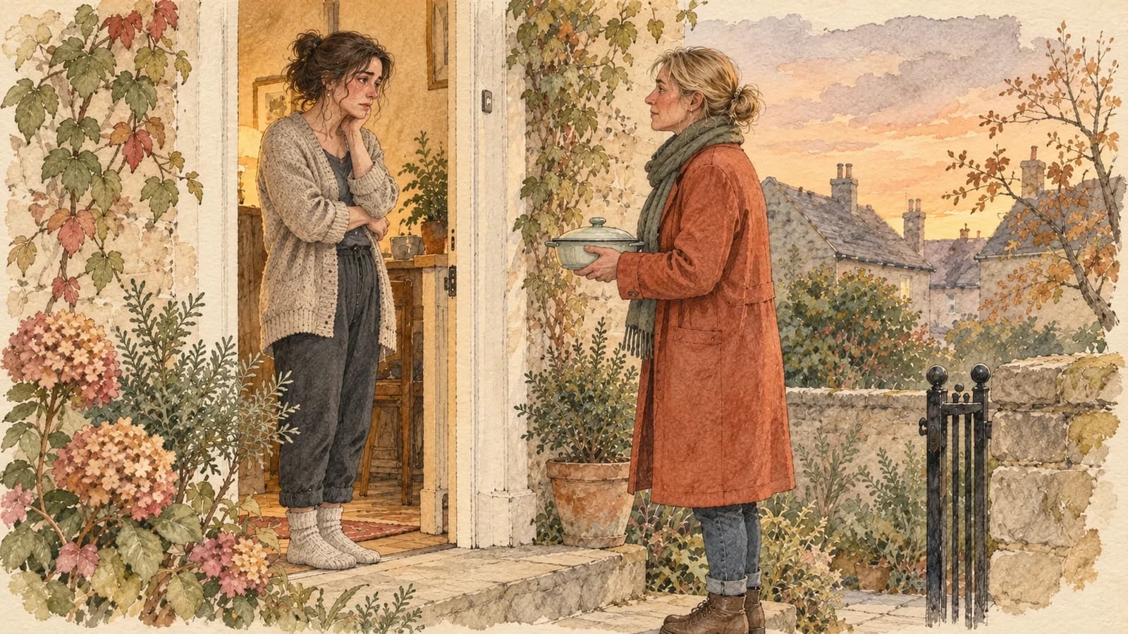 A tired woman in her doorway listens to a friend offering a covered food dish at dusk.