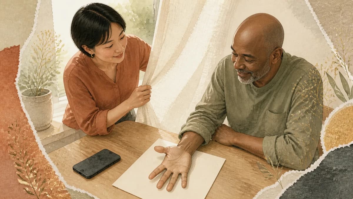Two adults adjust a curtain and position an open hand in softer window light before taking a photo.