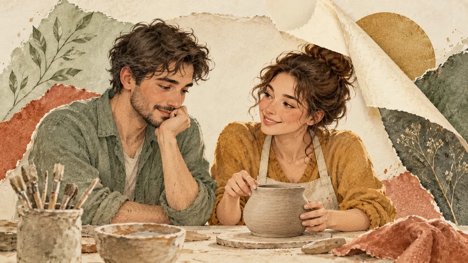 Two adults at an art table look at a clay pot together, with space for a quiet conversation.