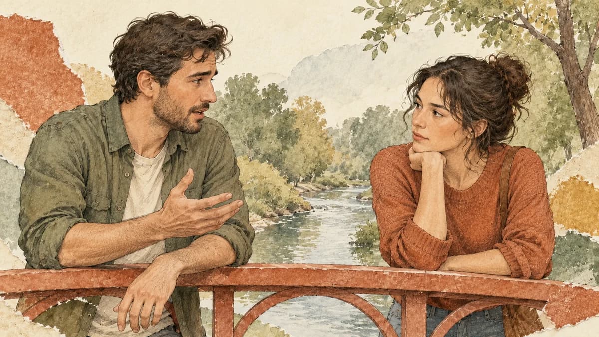 Two friends pause on a park footbridge, one speaking carefully while the other turns to listen.