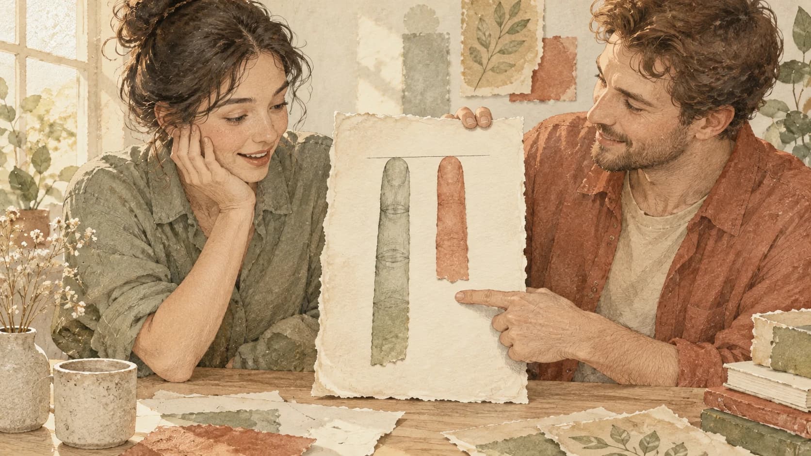 Two fictional adults at a paper workshop compare unequal finger-shaped strips with aligned tops and different bottoms. One points at the lower ends as the other recognises the difference.