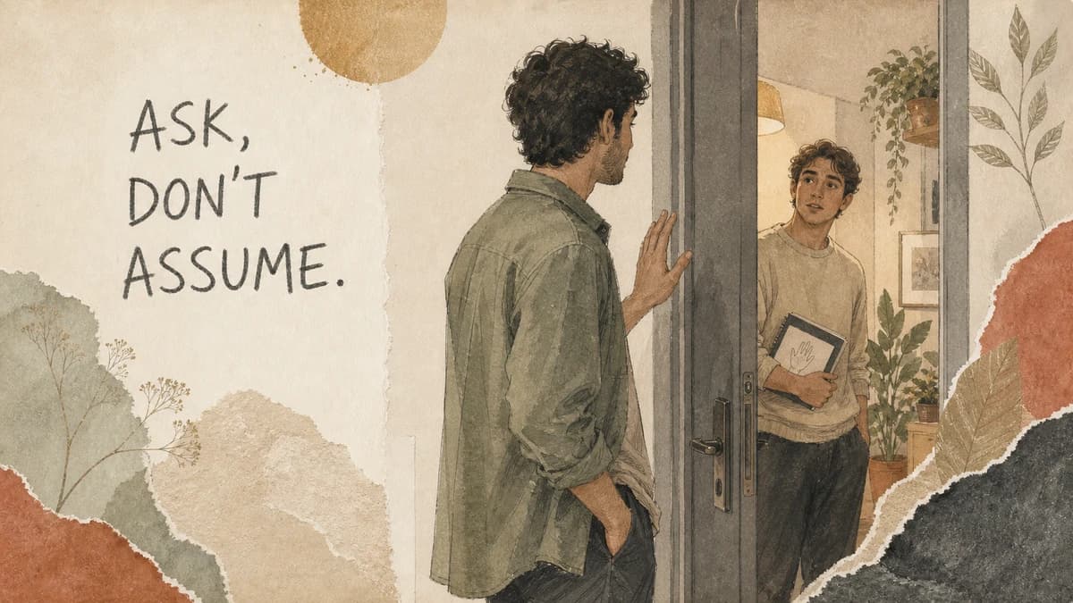 A man greets a friend at an open doorway. ASK, DON'T ASSUME.