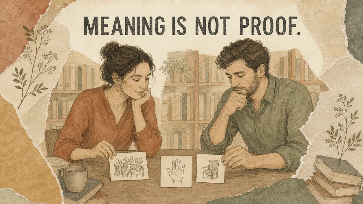 Two adults consider different pictures beside a palm study. MEANING IS NOT PROOF.