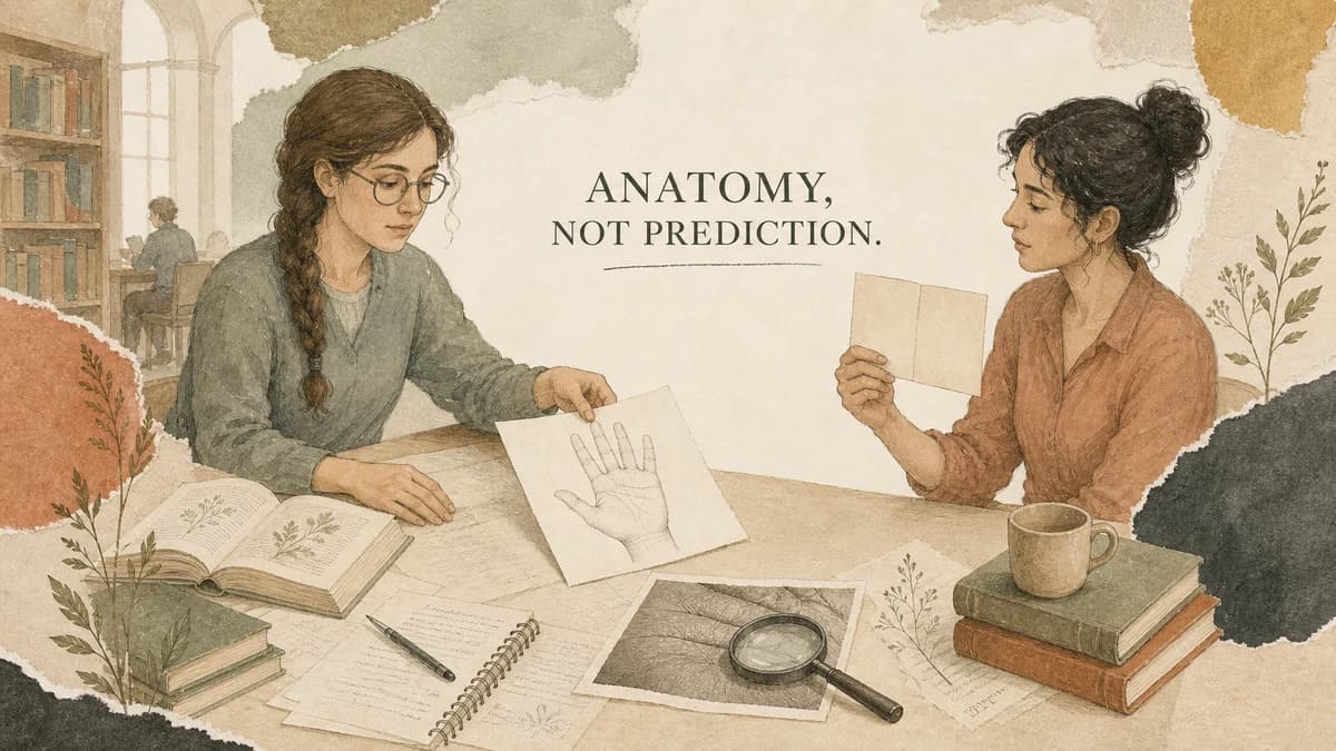 Two adults separate a hand-anatomy study from a blank page. ANATOMY, NOT PREDICTION.