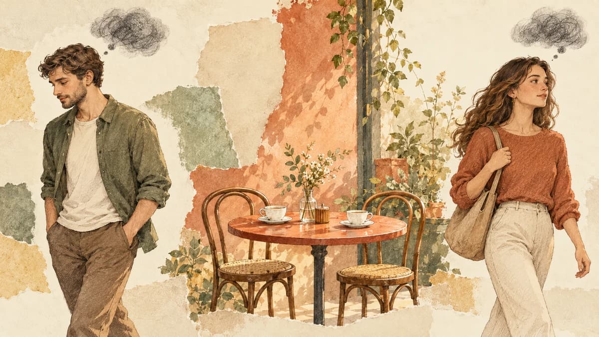 Two adults leave a café in different directions, each carrying a small dark cloud of self-doubt, with a café table and chairs behind them.