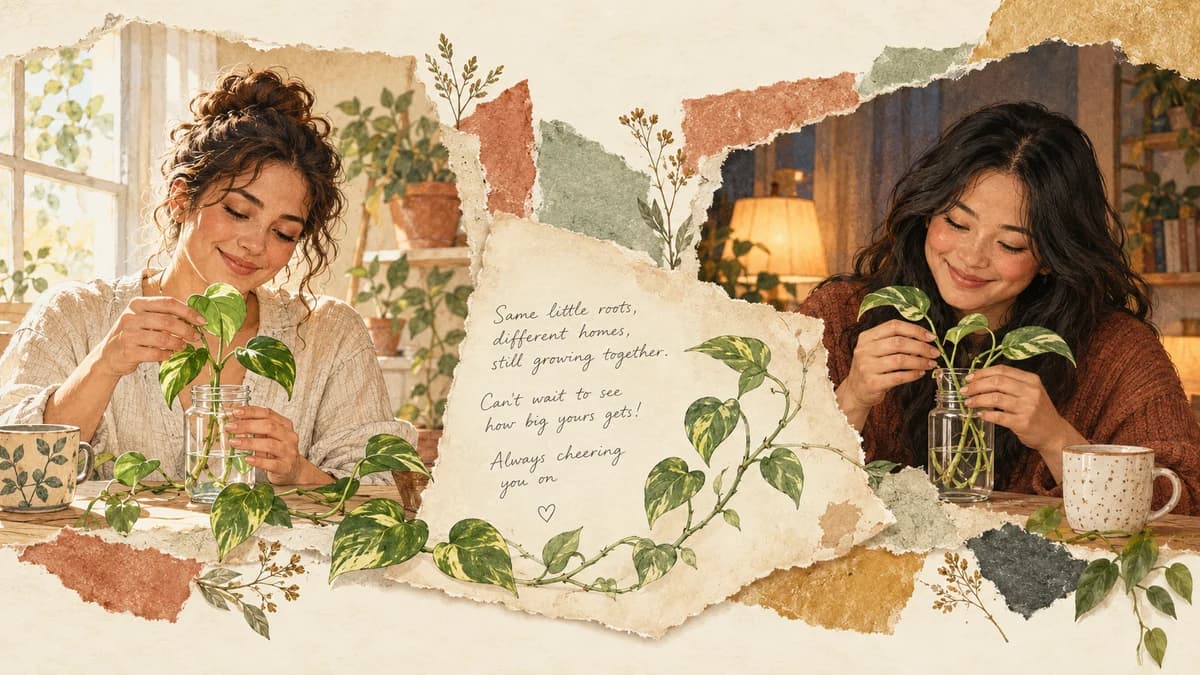 Two friends in different homes tend matching cuttings beside an open letter, with morning light in one room and evening light in the other.